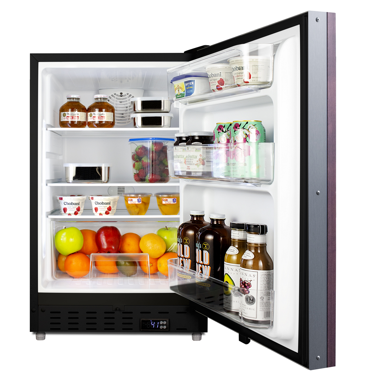Built-in undercounter ADA compliant residential all-refrigerator in black with panel ready door, door storage and automatic defrost operation
